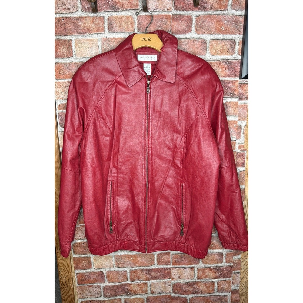 Preston&York Vintage 90's Red LeatherJacket Medium Full Zip Bomber Raglan Sleeve